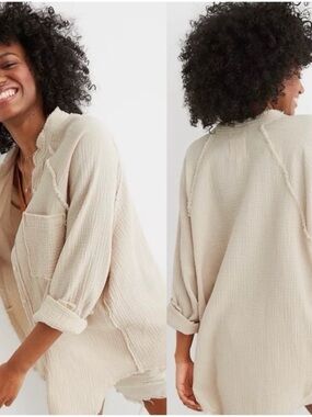 aerie Pool to Party Gauze Cream Button Down Cotton